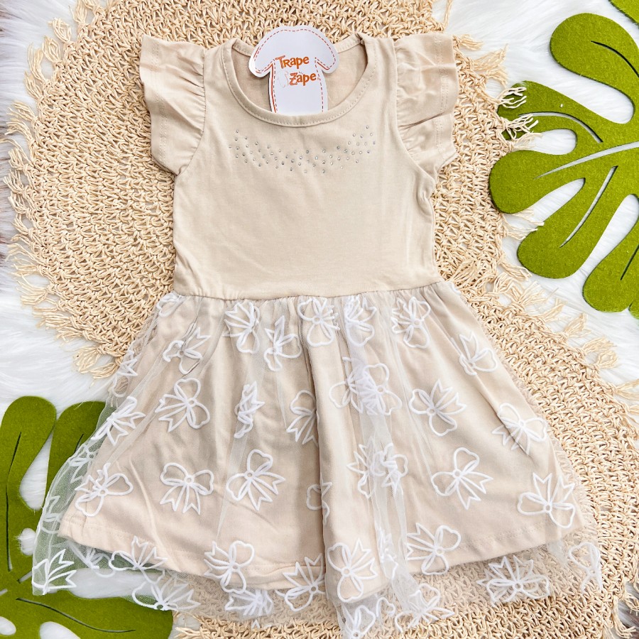 Vestido com Strass e Tule de Laços - Areia